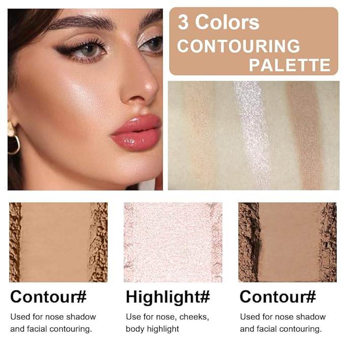 3 IN 1 Brown Nude Face Highlight Bronzer Powder Palette for Face Cheeks Contour Brightening, Buildable Matte Coverage Natural Makeup,Ultra Sculpt Nose Shadow Eyeshadow Primer 02#-FemmiqueWomen