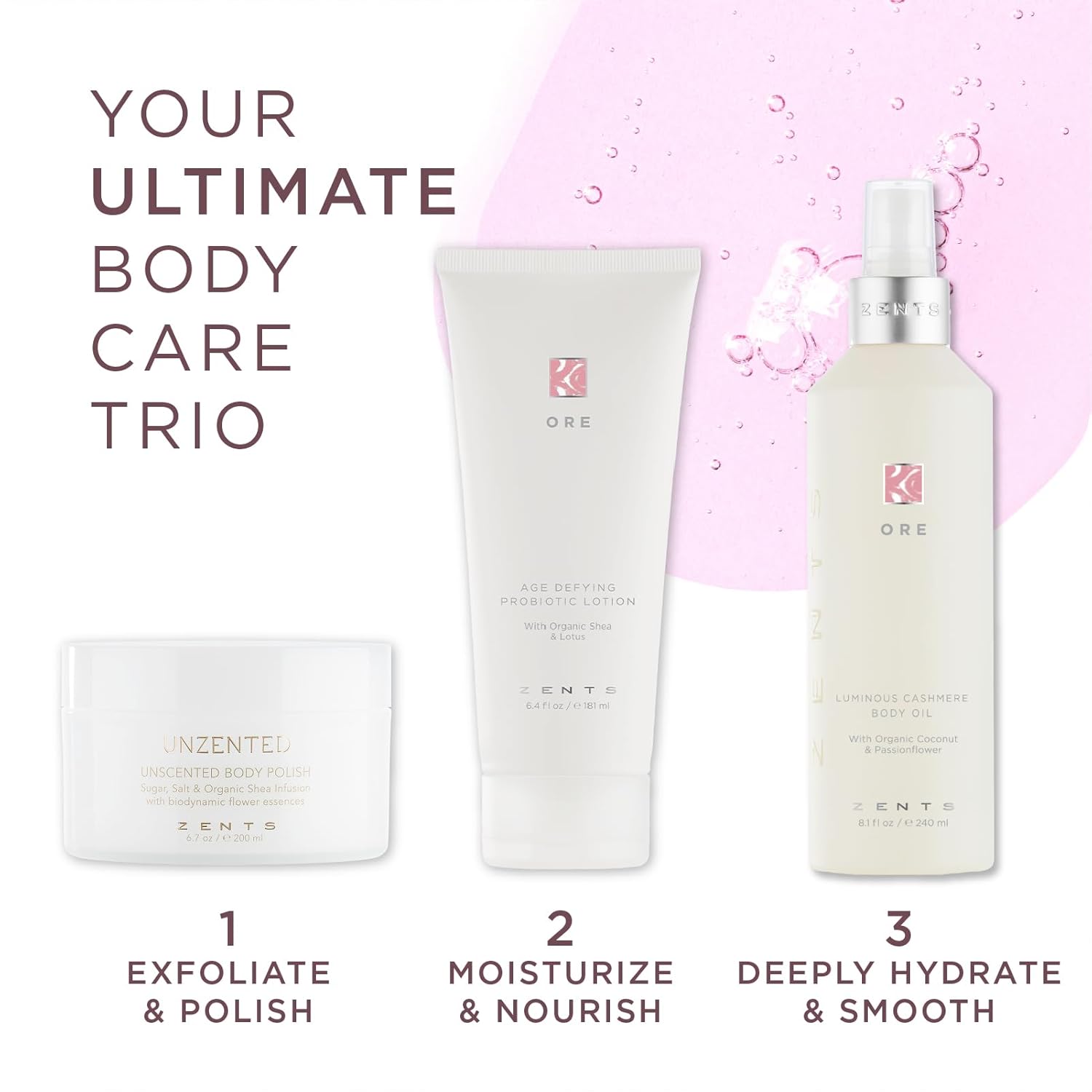 Zents Luminous Cashmere Body Oil (Ore Fragrance) | Moisturizing Body Oil with Vitamin E & Organic Coconut Oil | Softens & Smooths Skin | 8 fl oz-FemmiqueWomen