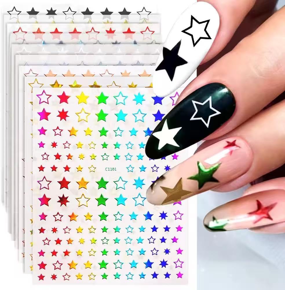 12 Sheets Stars Nails Stickers 3D Self Adhesive Nail Decals Stars Nail Design Shiny Starlight DIY Transfer Decal Colorful Star Nail Tip Sticker Pentagram Glitter Manicure Decoration-FemmiqueWomen