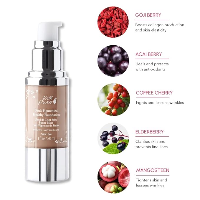 100% PURE Healthy Foundation Full Face Coverage Makeup, Liquid Matte Finish with Anti-Aging Benefits - Vegan Gorgeous Fruit Pigmented Toffee Color (Tan with Neutral Undertone) - 1 Fl Oz-FemmiqueWomen