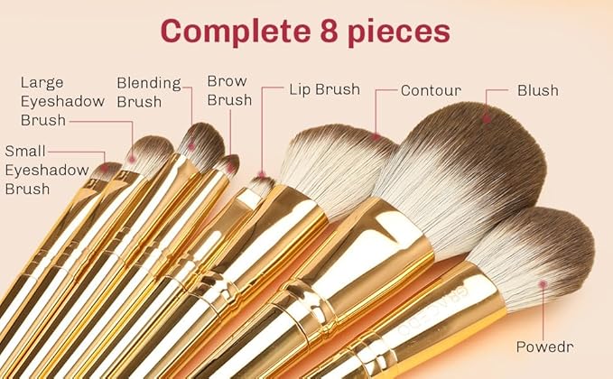 8pcs Gold Makeup Brush Set for All Skill Levels Easy Clean Soft Lint Free Brushes Travel Friendly Kit Foundation Powder Eyeshadow Blush Contour-FemmiqueWomen