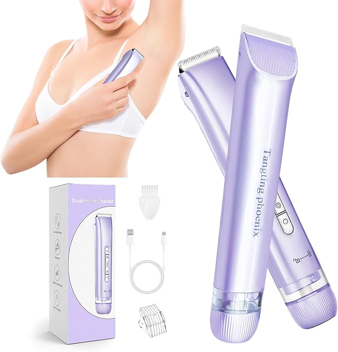 2-in-1 Electric Shaver & Bikini Trimmer for Women-Painless Electric Razor for Face,Body & Intimate Areas,Cordless Wet/Dry Shaver with Dual Blades,Waterproof for Shower&Travel(Purple)-FemmiqueWomen