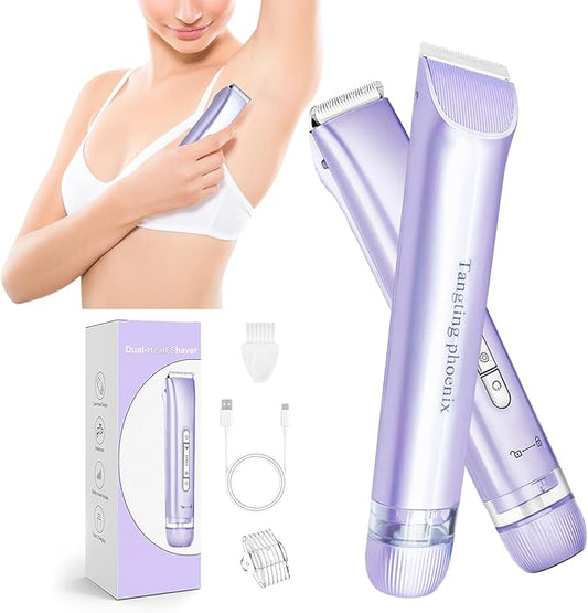 2-in-1 Electric Shaver & Bikini Trimmer for Women-Painless Electric Razor for Face,Body & Intimate Areas,Cordless Wet/Dry Shaver with Dual Blades,Waterproof for Shower&Travel(Purple)-FemmiqueWomen