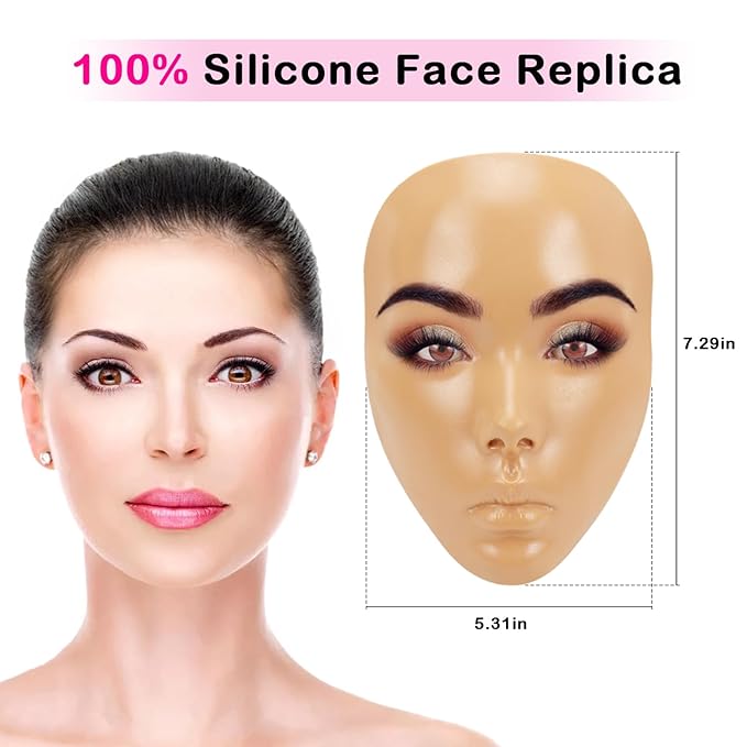 3D Makeup Practice Face Board,Reusable Silicone Makeup Practice Face/Makeup Mannequin Face,with Makeup Brushes Set&Dual head Eyebrow Pencils&a Pair of Eyelashes&a Makeup Bag&makeup remover towel-FemmiqueWomen