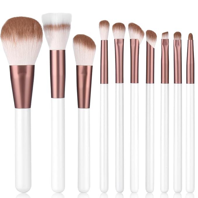 Makeup Brushes Set With Case 10Pcs White Makeup Brush Kit Foundation Eyeshadow Powder Blending Kabuki Eyebrow Eyelash Brushes Cosmetic Brush Travel Kit Gift (White+Brown)-FemmiqueWomen
