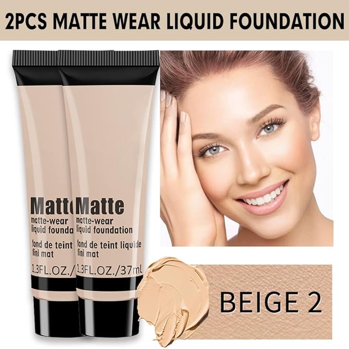 2 Pack Liquid Foundation Cream for Face Makeup,Durable Full Coverage Matte Concealer Make Up,Oil Control & Waterproof Base Primer -1+1 Fl.Oz-BEIGE 2#-FemmiqueWomen