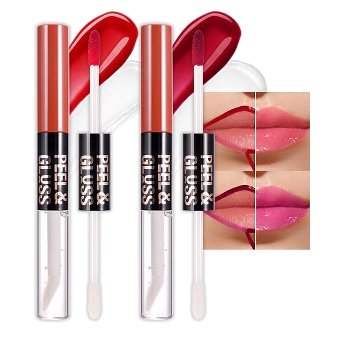2Pcs Lip Stain Peel Off Lip Gloss oil Dual-Ended Combo, Lips Liner Stain Peel Off Masque, Long Lasting & Waterproof, Transfer-Proof Lip Tint Stain with Lip oil for All Skin Type 02#+03#-FemmiqueWomen