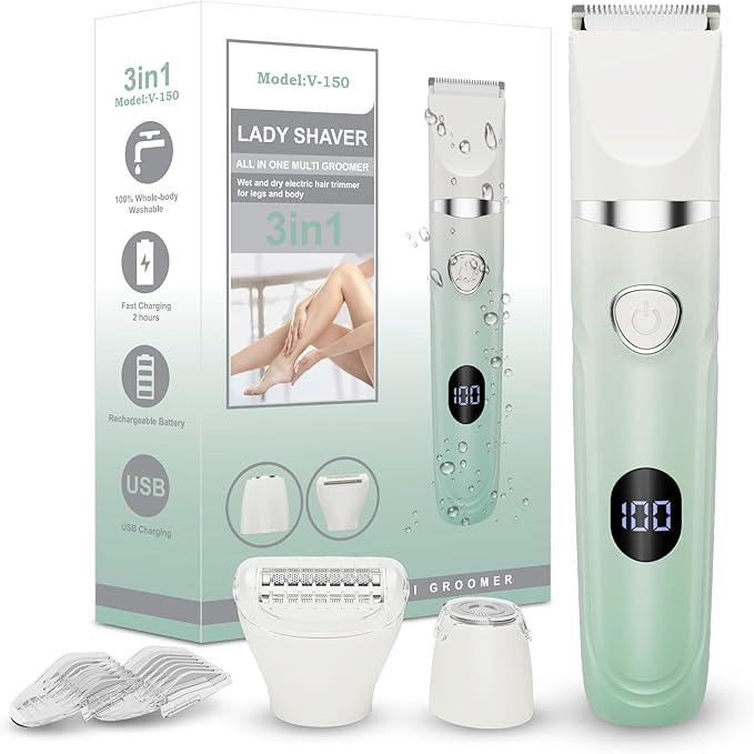 3-in-1 Painless Bikini Trimmer for Women - Electric Pubic Hair Shaver with Ceramic Blade, Wet/Dry USB Razor for Underarm/Leg/Body, Rechargeable Ladies Grooming Kit-FemmiqueWomen