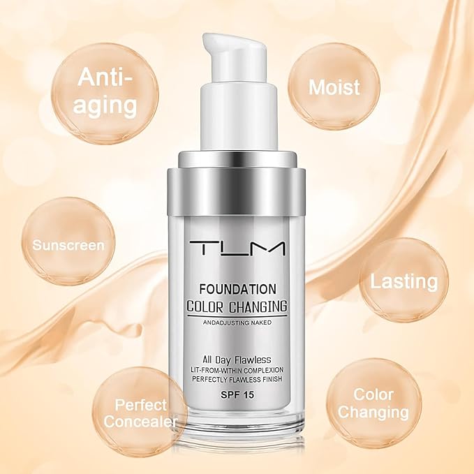 2 PACK TLM Color Changing Foundation Liquid Base,TLM Concealer Cover Cream,All Day Flawless Warm Skin Tone BB Cream Makeup Base Concealer for All Skin SPF15-FemmiqueWomen