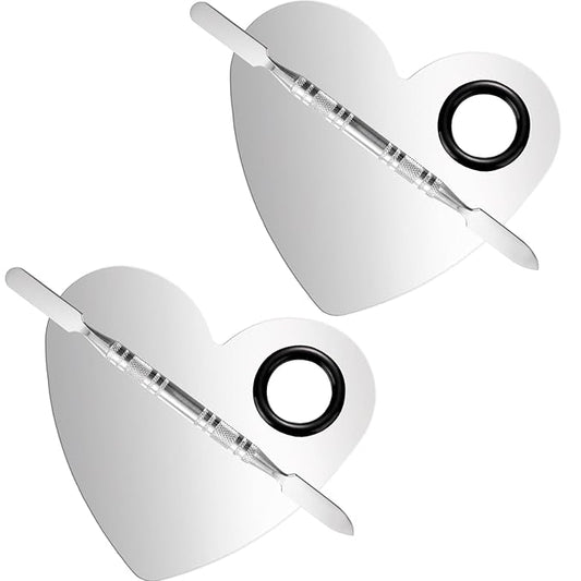 2 Pcs Stainless Makeup Mixing Palette,Tool for Mixing Foundation Nail-Art,Palette with A Stick,Storage Bag,Beauty Salon Color Cream Mixing Palette,Makeup Artist,Makeup Enthusiast (Heart Shaped)-FemmiqueWomen
