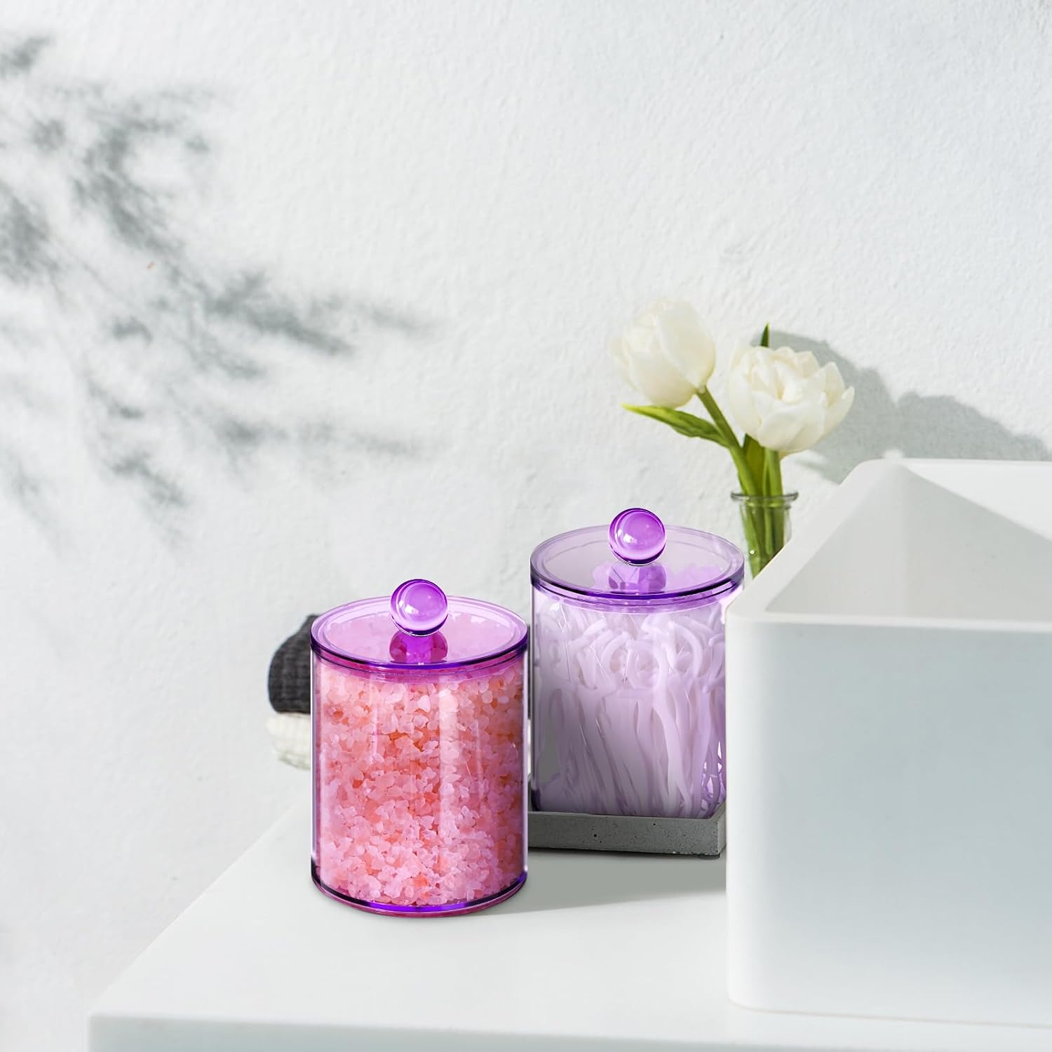 2 Pack Qtip Holder,Canister Apothecary Jar Set, Bathroom Jars with Lids Set for Cotton Swabs, Balls, Pads, Floss Picks,10oz-12oz Plastic Canisters Restroom Bedroom Vanity Organizer(Purple)-FemmiqueWomen