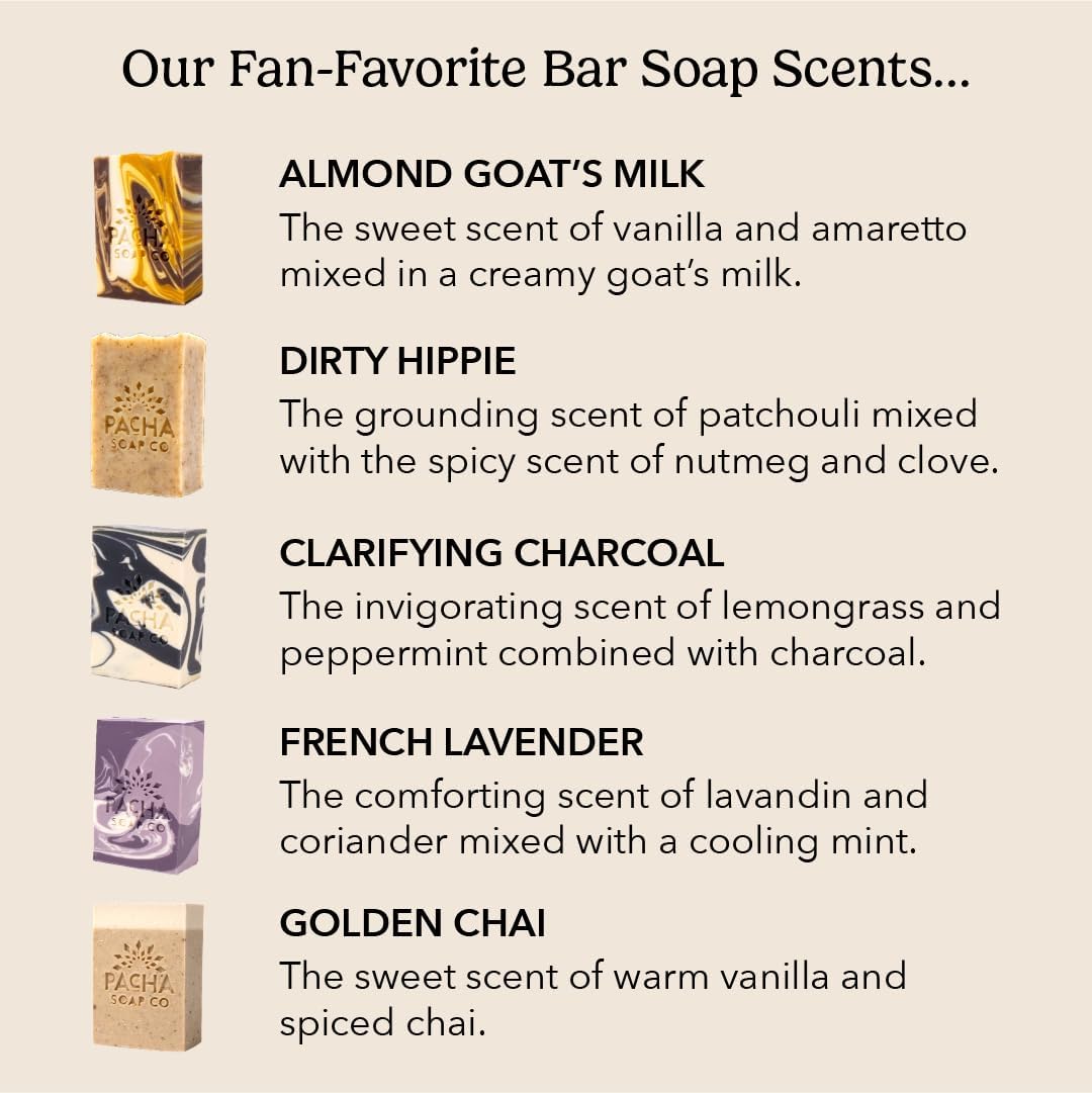 Pacha Soap Co. Bar Soap, Fan Favorites, 5-Pack (4 oz ea) - Almond Goat’s Milk, Dirty Hippie, Charcoal, French Lavender, & Golden Chai - Premium, Handcrafted, Hydrating, Soothing Essential Oils-FemmiqueWomen