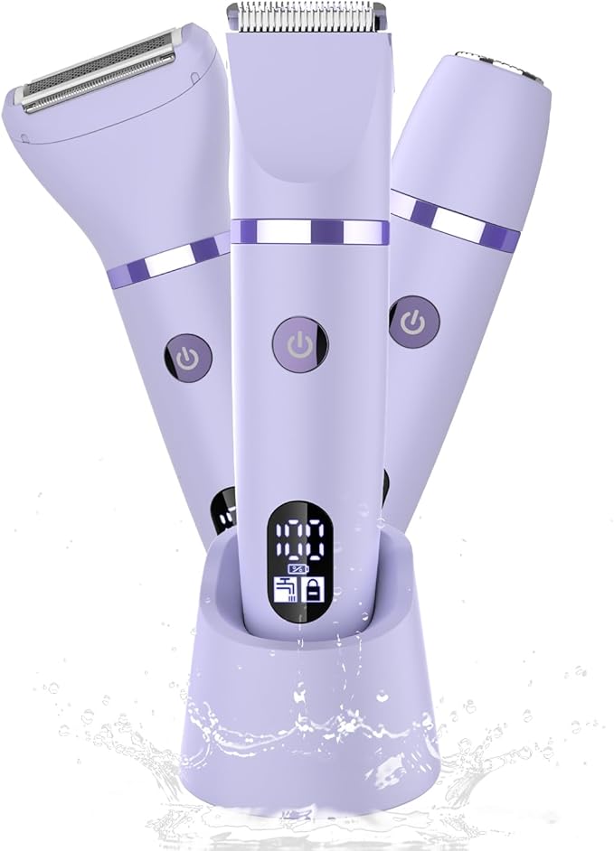 3-in-1 Electric Razor IPX7 Waterproof Bikini Trimmer Wet & Dry Use Painless Personal Trimmer Groomer for Ladies Face Body Legs Bikini Public Hairs Electric Lady Shaver with Replaceable Heads-FemmiqueWomen