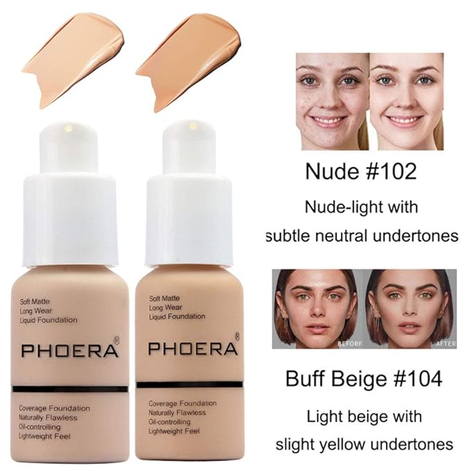 2 Pcs Phoera Foundation Makeup 102 and 104 Liquid Full Coverage 24HR Matte Oil Control Foundation Makeup Concealer (Nude & Buff Beige) with Kabuki Foundation Brush Flat Top-FemmiqueWomen