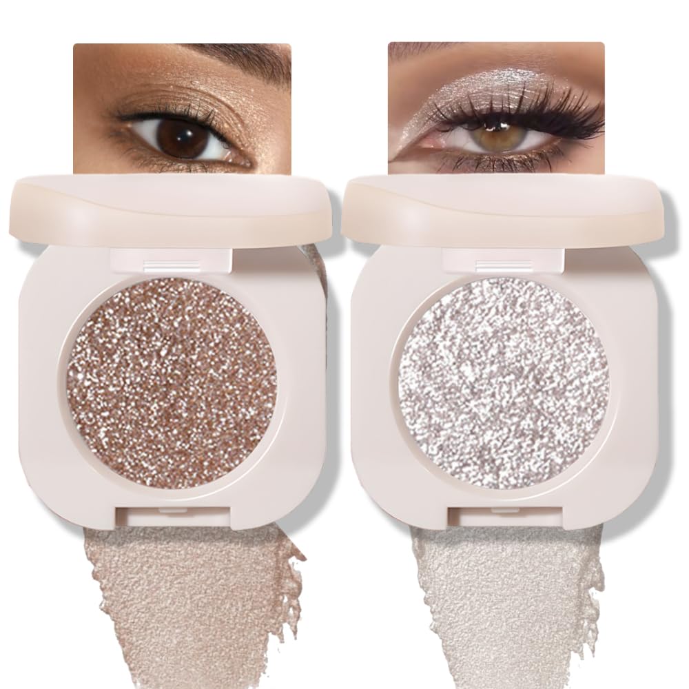 2Pcs Glitter Shimmer Sparkle Eyeshadow Palette Makeup For Women, Light Brown & Silver Glitter Shimmer Metallic Holographic Multichrome Cream Iridescent Single Monochrome Eye Shadow Makeup-FemmiqueWomen