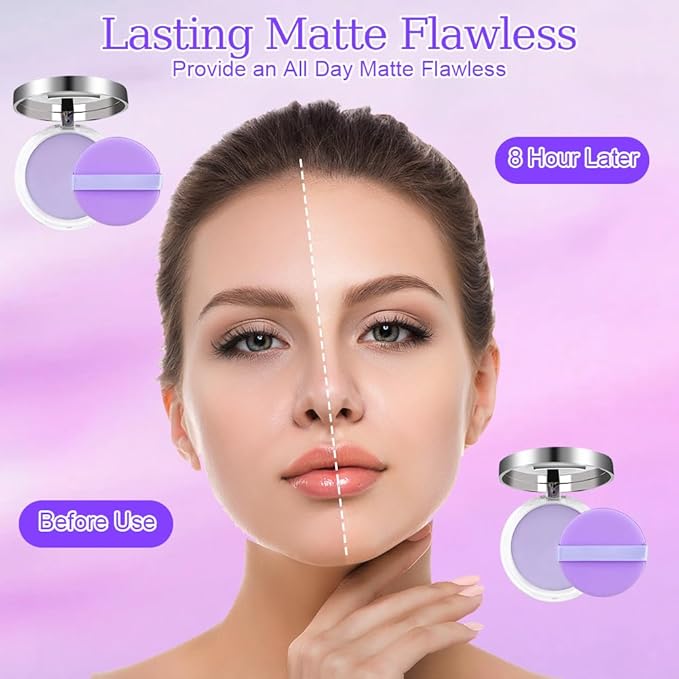 2PCS Oil Control Face Pressed Powder，zxbaers Chillab Lavender Matte Powder，Matte Smooth Setting Powder Makeup, Waterproof Long Lasting Finishing Powder, Flawless Lightweight Face Cosmetics-FemmiqueWomen