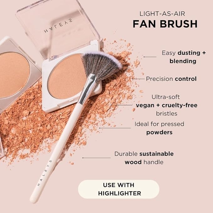 HALEYS Fan Brush VEGAN+CRUELTY-FREE, Sustainable Wood, Vegan Bristles for Airbrushed Finish, For highlighter application, Streak-free, Perfect Blending, Blurs, Smooths with Control-FemmiqueWomen