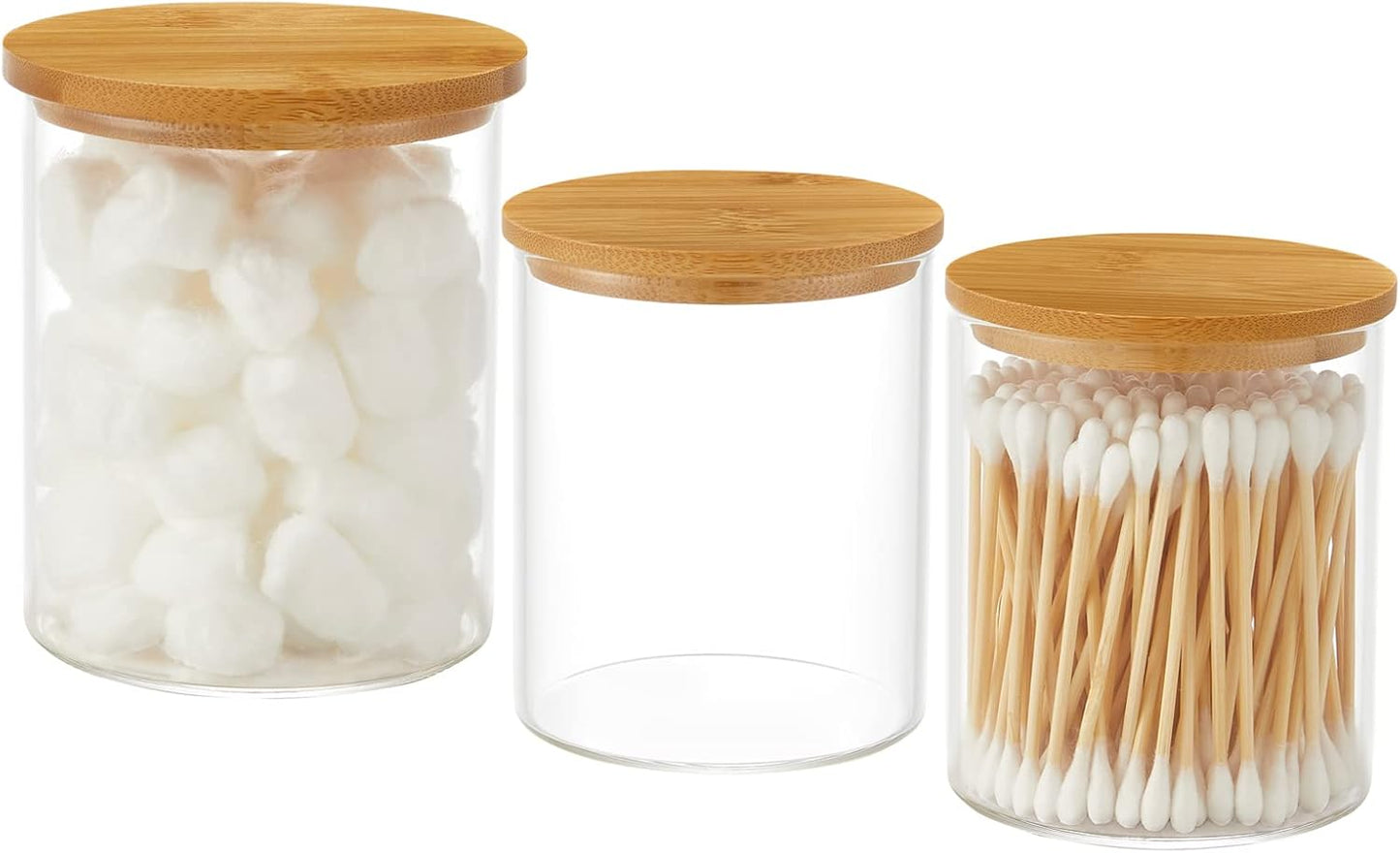 3 Pack Glass Qtip Holder Dispenser, 20 oz and 11 oz Clear Glass Apothecary Jars, Bathroom Vanity Canisters Organizer Jars for Cotton Swabs, Balls, Rounds, Pads, Floss, Bath Salts-FemmiqueWomen