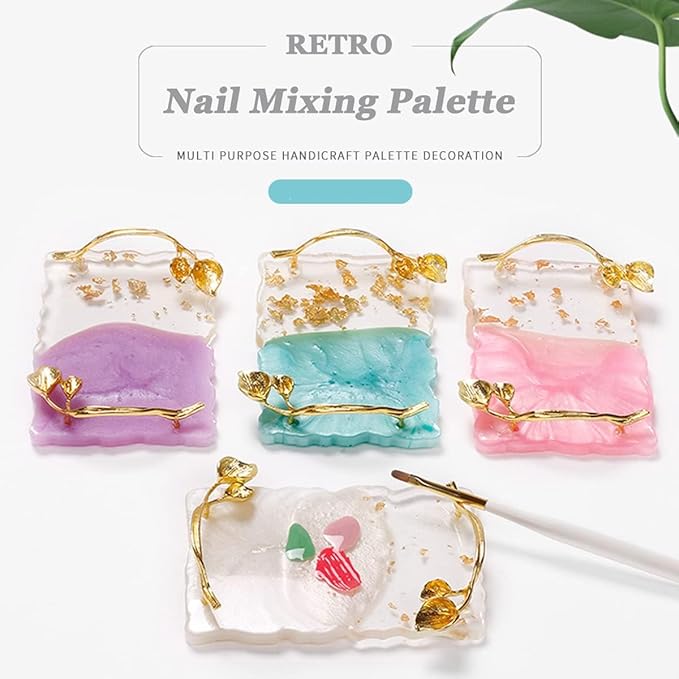 2023 Retro Nail Art Palette, Nail Painting Mixed Color Palette with Leaves Handle, Nail Holder Gel Color Makeup Display Board Pallet (White)-FemmiqueWomen