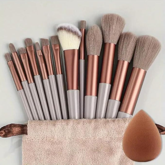 Foundation Makeup Brush Set Kit | 13 Pcs Premium Synthetic Kabuki Eye Shadows Make Up Brushes + 1 Sponge + 1 Brush Bag for Travel and Home Use (BROWN)-FemmiqueWomen