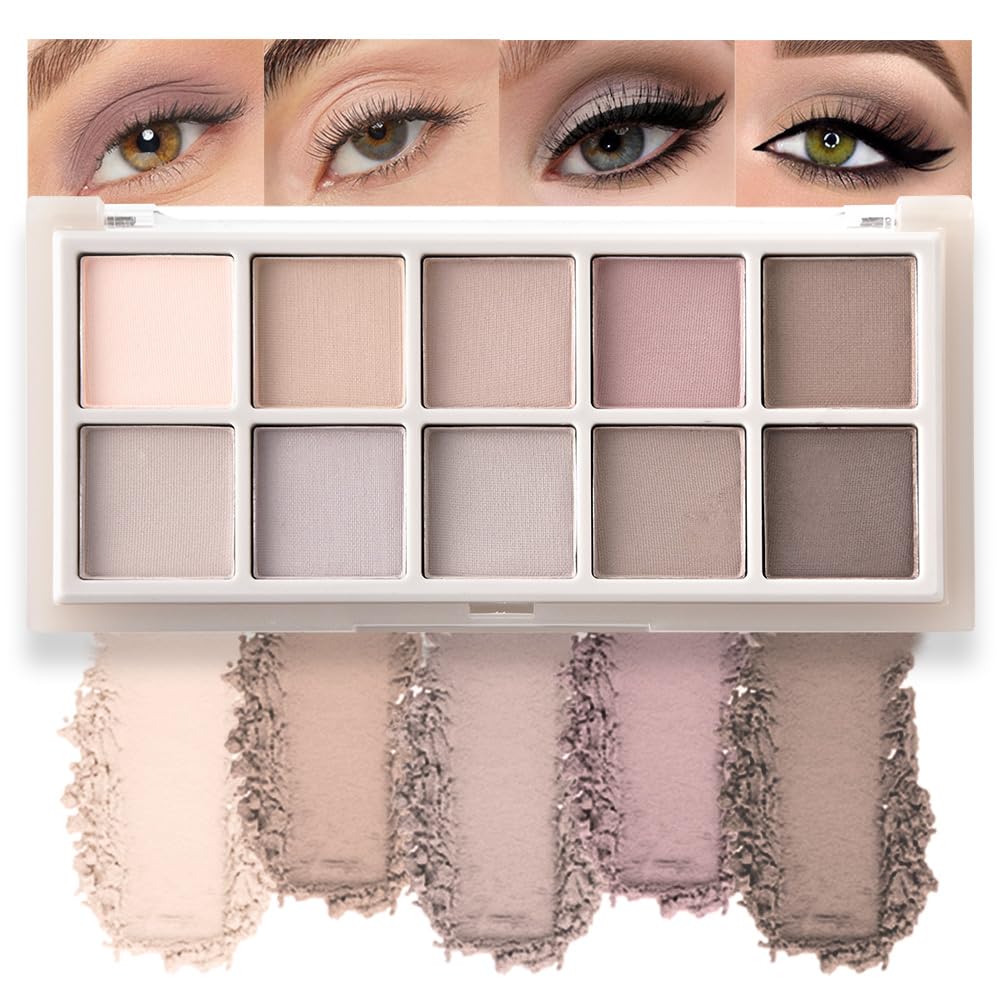 10 Color Matte Eyeshadow Palette | 10 Soft-Focus Matte Shades in Grey-Brown & Neutral Taupe | Silky Powder Blends Like Cream | Natural-Looking Nude Makeup for Mature Skin | Day to Night Wear-FemmiqueWomen