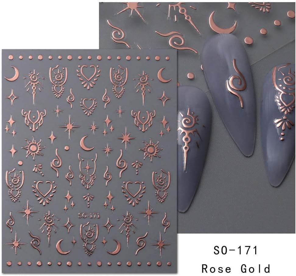 12 Sheets Metallic Nail Art Stickers - Sun Star, Moon Rose & More - 3D Self-Adhesive, Shiny Laser Gold & Silver - Holographic, Glitter for Women's Nail Manicure Decorations-FemmiqueWomen