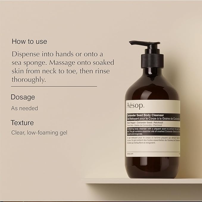 Aesop Coriander Seed Body Cleanser | Refreshing & Invigorating | Spicy, Woody, Warm | 16.9 oz / 500mL + Eleos Nourishing Body Cleanser Sample-FemmiqueWomen
