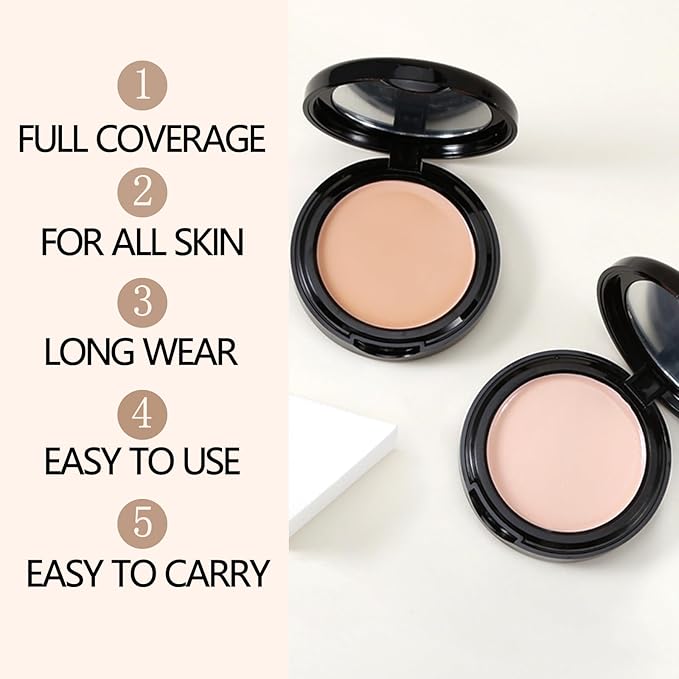 Powder Foundation,Long Wear Full Coverage Foundation with Sponge,Flawess Demi-Matte Finish,Brighten Correcting Color-FemmiqueWomen