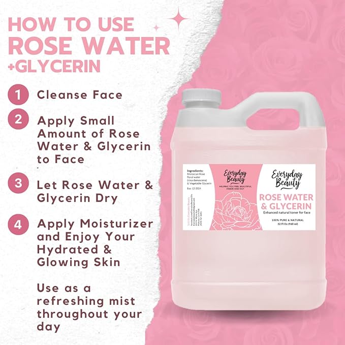 Rose Water & Glycerin Enhanced Facial Toner - 32oz Bulk Alcohol-Free Vegan All Natural Refreshing for Face and Hair - Uplifts, Calming & Soothing for All Skin Types…-FemmiqueWomen