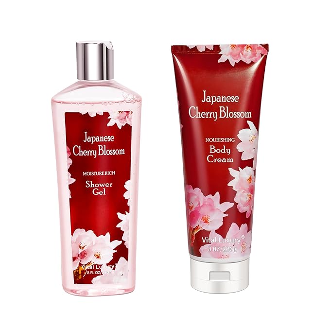Japanese Cherry Blossom Shower Gel and Body Cream Set - Nourishing and Moisturizing Daily Skincare - 8 fl.oz / 236mL Each, Christmas Gifts for Her and Him (Japanese Cherry Blossom)-FemmiqueWomen