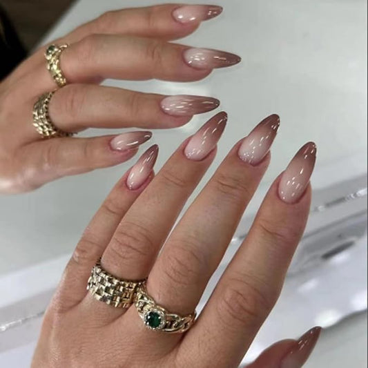 Long Almond Shaped Press on Nails Brown Gradient Design Fake Nails Glossy Reusable False Nails Fully Cover Acrylic Nails Stick on Nails for Women Nail DIY Decoration Accessories 24 Pcs