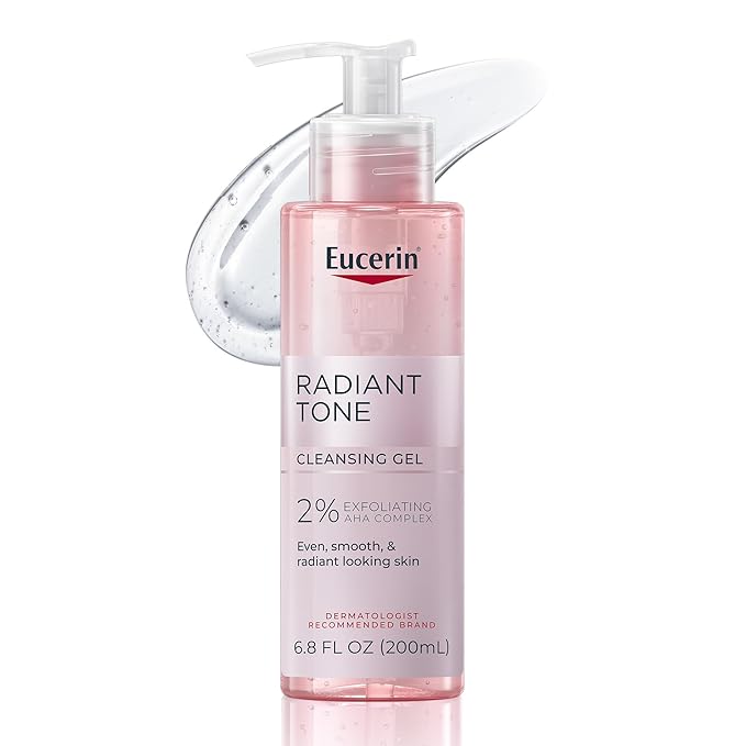Eucerin Radiant Tone Face Cleanser Gel with 2% Exfoliating AHA Complex, Gentle Face Wash Improves Skin Clarity and Boosts Radiance, All Skin Types, 6.8 Fl Oz Bottle-FemmiqueWomen