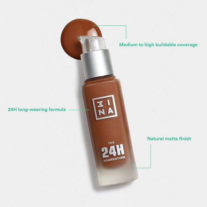 3INA The 24H Foundation 627-24H Long-Wearing Formula - Medium To High Buildable Coverage - Smooth Matte Finish - Expanded Shade Selection - Waterproof, Cruelty Free, Vegan Makeup - 1.01 Oz-FemmiqueWomen