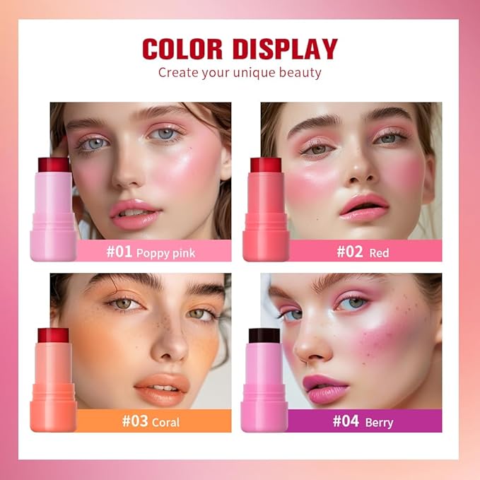 Jelly Cooling Blush Stick, Milk Water Tint, Clear Glossy Long Lasting Sheer Lip & Cheek Stain, Waterproof Light Non-Sticky Buildable Watercolor Finish-Vegan (#1 poppy pink, 0.17oz)-FemmiqueWomen