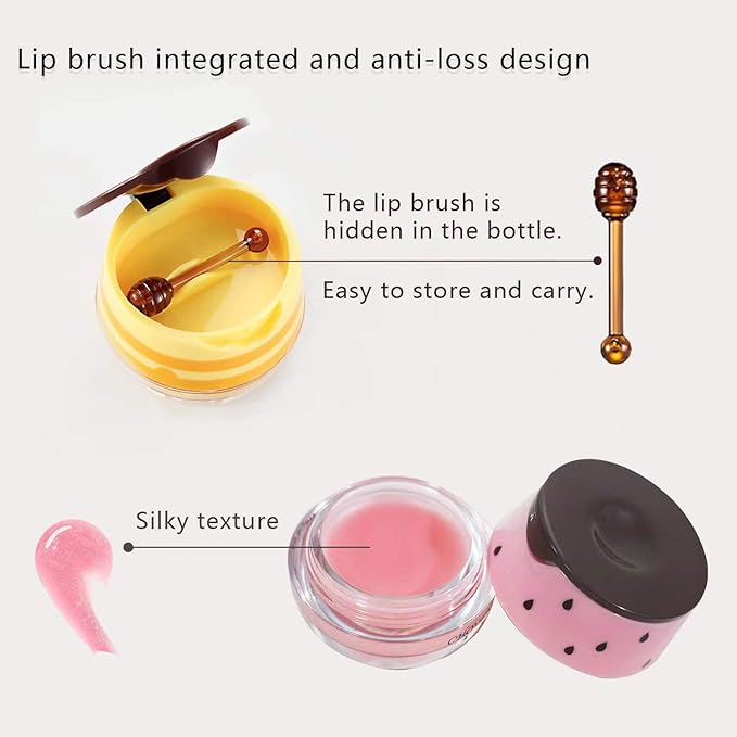2PCS Honey Balm & Strawberry Lip Balm, Honey Lip Balm, Lip Masks for Dry and Cracked Lips with Brush, Lip Exfoliator & Moisturizer, Reduces Lips Lines & Lightens Lips, Anti-Wrinkle, Aging-FemmiqueWomen
