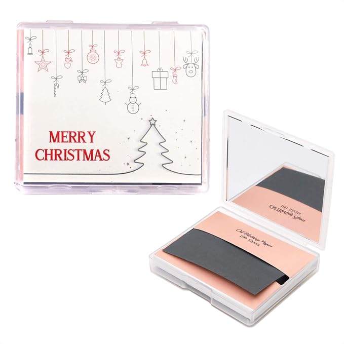 [200 Counts + Mirror Case] Christmas Edition Natural Bamboo Charcoal Oil Blotting Sheets for Face with Mirror Case-FemmiqueWomen