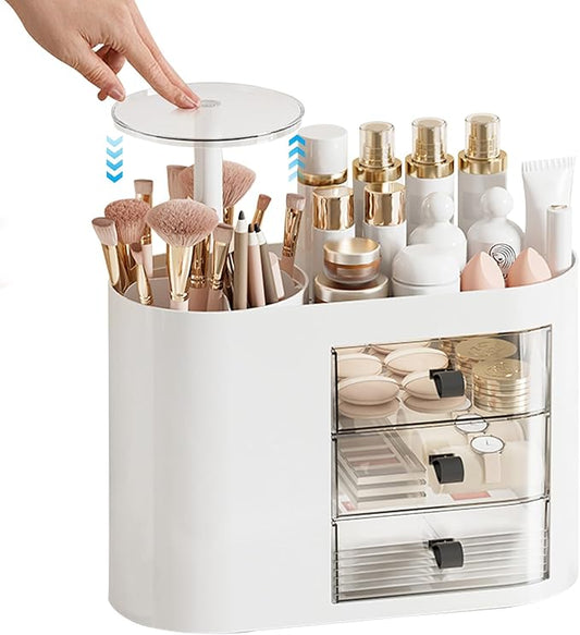 DASITON Makeup Organizer with 3 Drawers,Automatic Lifting Makeup Brush Holder with Lid,Large Capacity Makeup Organizers for Vanity,Bathroom Countertop,Ideal Storage Skin Care,Brushes,Lipstick (White)-FemmiqueWomen