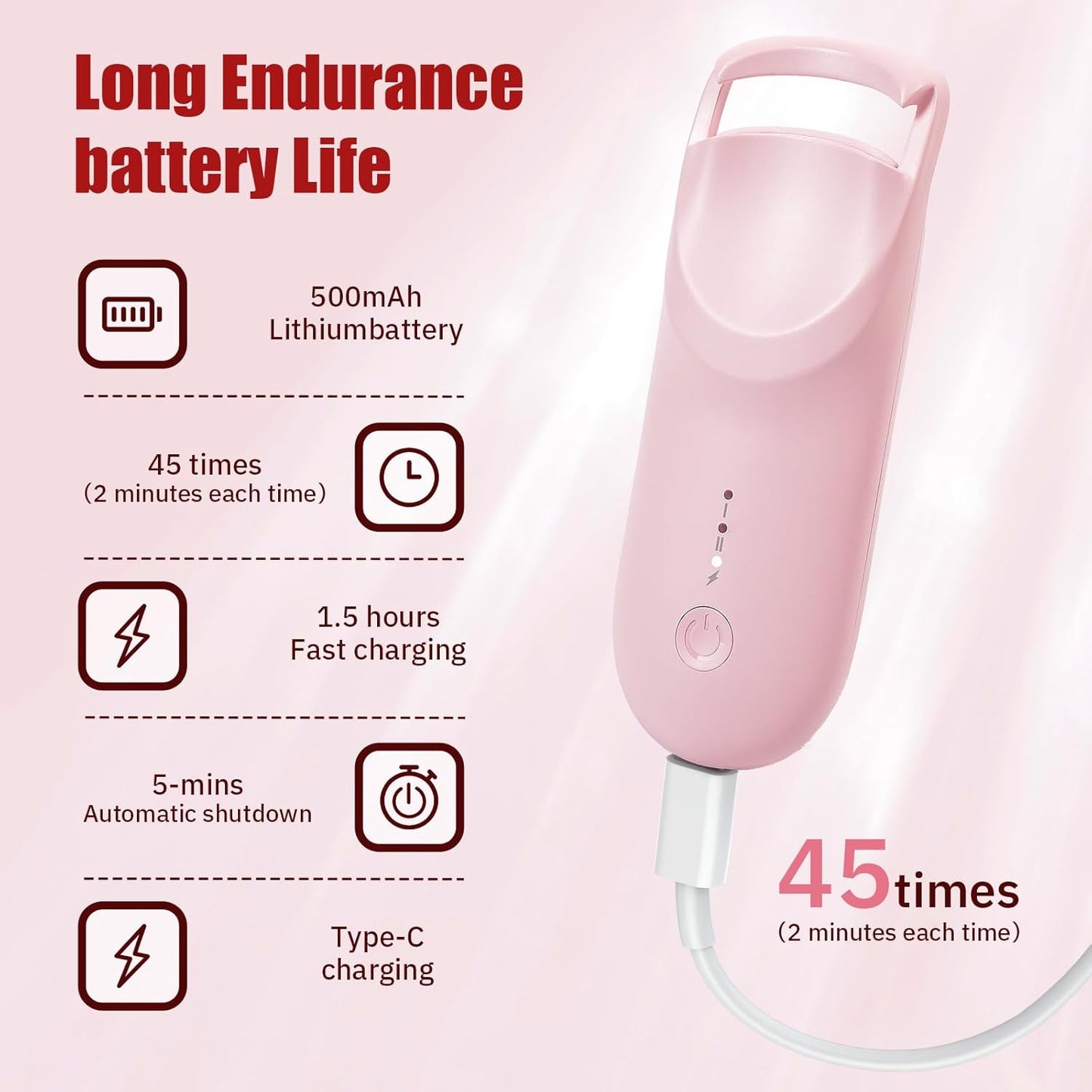 Upgrade Heated Eyelash Curler, Electric Eyelash Curler with 5s Fast Heating, Type-C Rechargeable, LMini Lash Curler, Long-Lasting Lash Lift, Natural Style, Heat-Sensitive Pad (Pink)-FemmiqueWomen