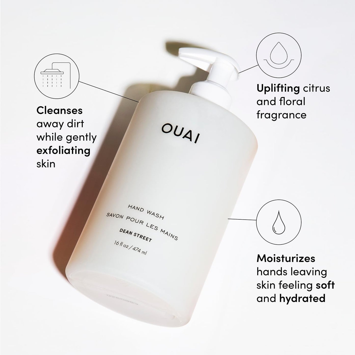 OUAI Hand Wash Full Size, Dean Street - Liquid Hand Soap with Jojoba, Avocado, & Rose Hip Oil for Replenished Skin - Gentle Exfoliating Kitchen & Bathroom Soap - (2 Pack, 16 Fl Oz Each)-FemmiqueWomen