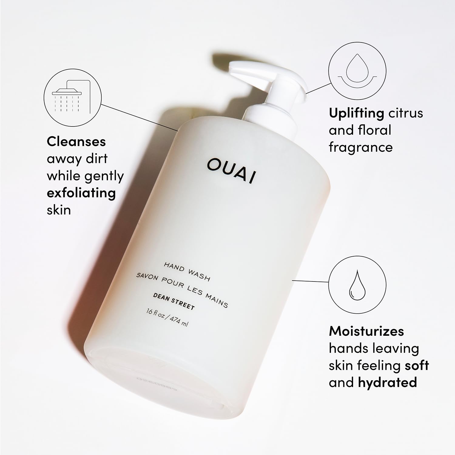 OUAI Hand Wash, Dean Street - Liquid Hand Soap with Jojoba, Avocado, & Rose Hip Oil for Replenished Skin - Gentle Exfoliating Kitchen & Bathroom Soap (16 Fl Oz)-FemmiqueWomen