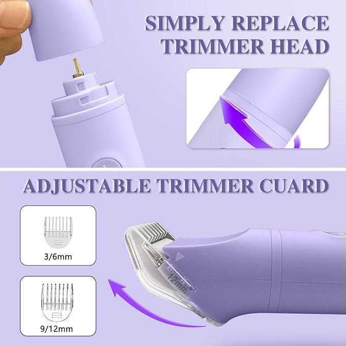 3-in-1 Bikini Trimmer for Women, IPX7 Waterproof Electric Shaver for Women-Rechargeable Electric Razors for Pubic, Facial & Body Hair Trimmer with LED Display, Travel Kit & Painless Blades (Purple)-FemmiqueWomen