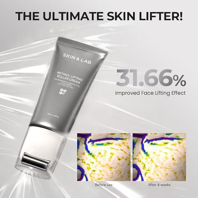[SKIN&LAB] Retinol Lifting Roller Cream with Massage applicator, Vegan Anti Aging Face and Neck Cream for Reduce Wrinkles and Fine Line, For Face, Neck, Décolleté Wrinkle Care, 1.69 fl. oz.-FemmiqueWomen