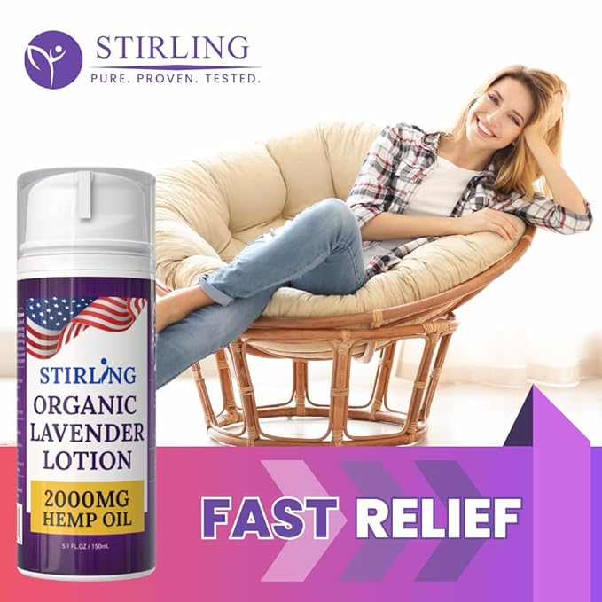 STIRLING Lavender Lotion – Organic Lavender with 2000mg Hemp Oil, Aloe Vera, and Vitamin E – Nourishing and Moisturizing Body Lotion for a Soft and Smooth Feel-FemmiqueWomen