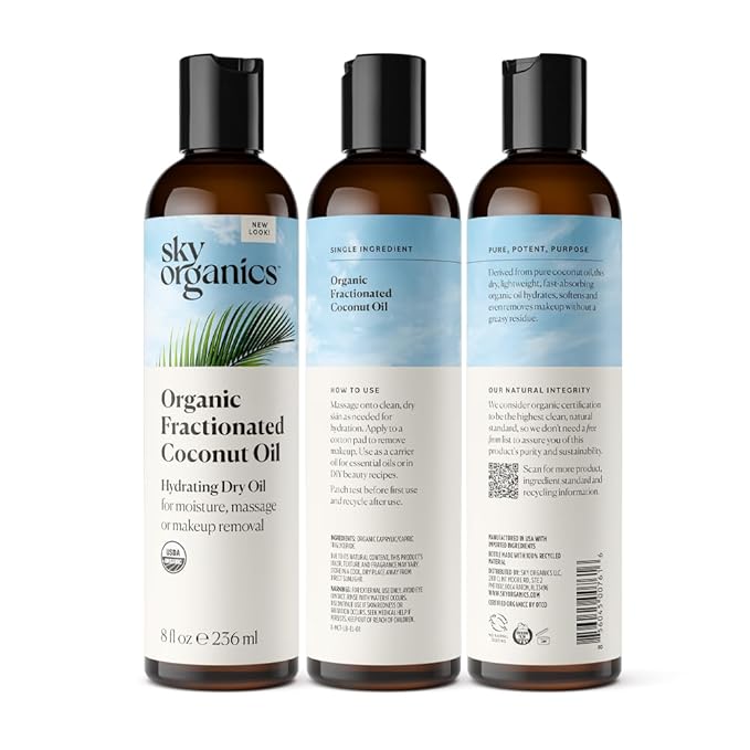 Sky Organics Fractionated Coconut Oil, Hydrating Dry Oil for Moisture, Massage and Makeup Removal, Suitable for All Skin Types, 100% Pure and Cold Pressed Multipurpose Body and Face Oil, 8 fl. Oz-FemmiqueWomen