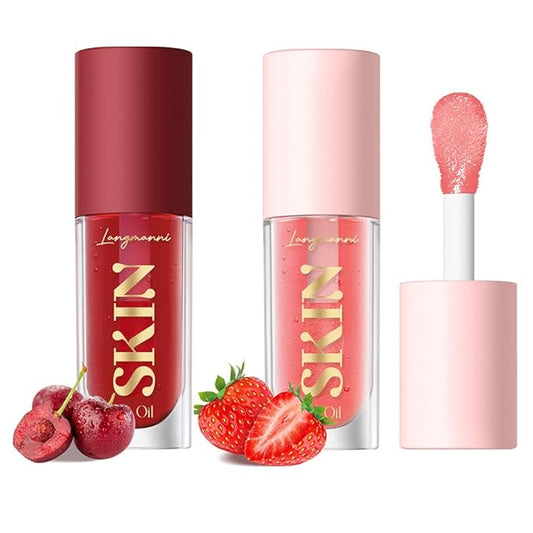 2Pack Big Brush Head Hydrating Lip Glow Oil Plumping Lip Tint, Hydrating Lip Gloss Tinted Lip Balm Transparent Lip Care, Long Lasting Nourishing Non-sticky Fresh Texture (Strawberry + Cherry)-FemmiqueWomen