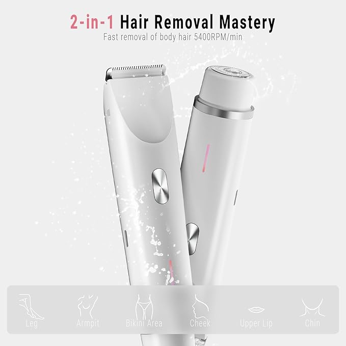 2-in-1 Bikini Trimmer for Women, Bikini Shaver with Dual Heads, Painless Body and Facial Hair Removal, Rechargeable Cordless Electric Razors for Face Chin Pubic Underarm Legs, IPX7 Waterproof, White-FemmiqueWomen