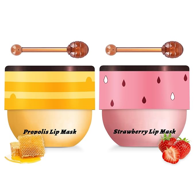 2 PCS Bee Lip Balm Honey Pot, Honey & Strawberry Lip Mask Overnight Propolis Moisturizing Lip Balm Hydrating Prevention Dry and Crack Lip Scrubs Exfoliator Lip Wrinkle Care (Honey&Strawberry)-FemmiqueWomen