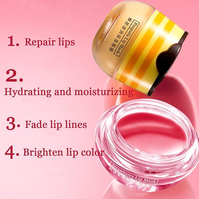 2 Pcs Bee Lip Balm Honey Pot,Honey & Strawberry Lip Mask Propolis Moisturizing Lip Balm with Stick,Prevention Dry and Cracked Lip Scrubs,Exfoliator Lip Wrinkle Skin Care Products-FemmiqueWomen