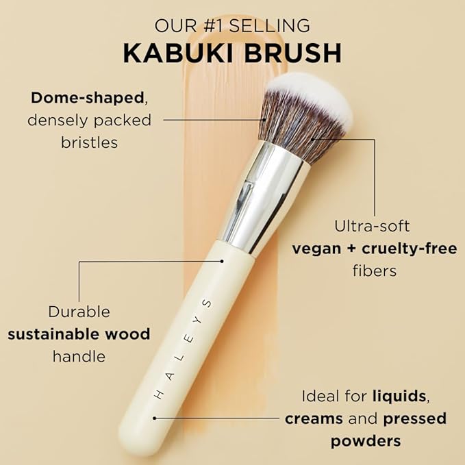HALEYS Kabuki Makeup Brush VEGAN+CRUELTY-FREE, Sustainable Wood, Vegan Bristles for Airbrushed Finish, For Creams, Liquids, Powder, Streak-free, Perfect Blending, Buffs, Blurs, Smooths with Control-FemmiqueWomen