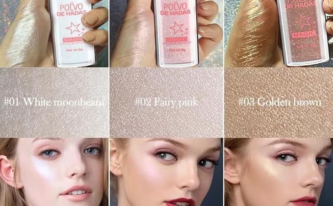 3 Colors Glitter Powder Highlighter Makeup, Body Brightens the Natural Three-Dimensional Face Blusher Fairy Highlight Patting Powder. (01#White Moonbeam/04# Green/05# Gold)-FemmiqueWomen